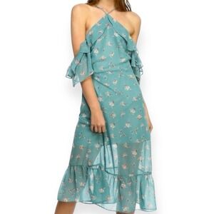 LUMIERE Women's Sz S Teal Floral Halter Off the shoulder‎ Lined Dress NWT